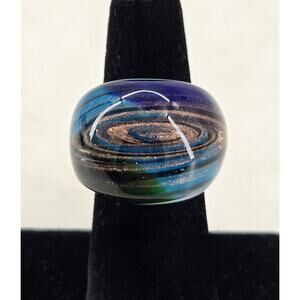 Handblown Art Glass Boho Chunky Dome Copper Blue Swirl Ring Sz 6